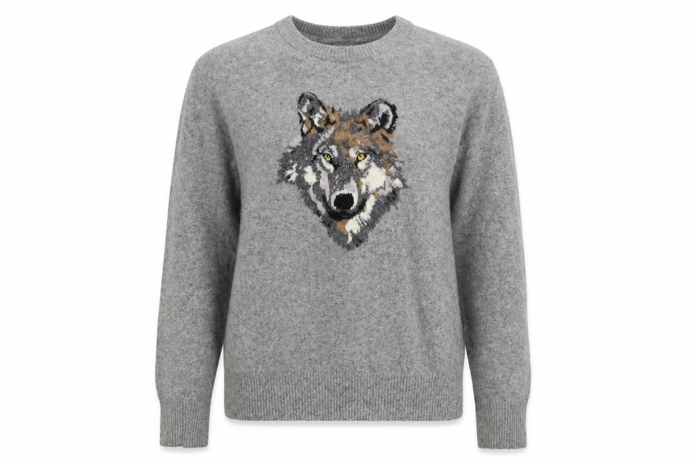 Black Label Crestbridge Women's Grey Wool Wolf Jumper M
