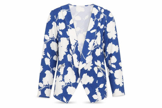 Klass Women Blue Floral Blazer Jacket Size 12 Stretch Woven