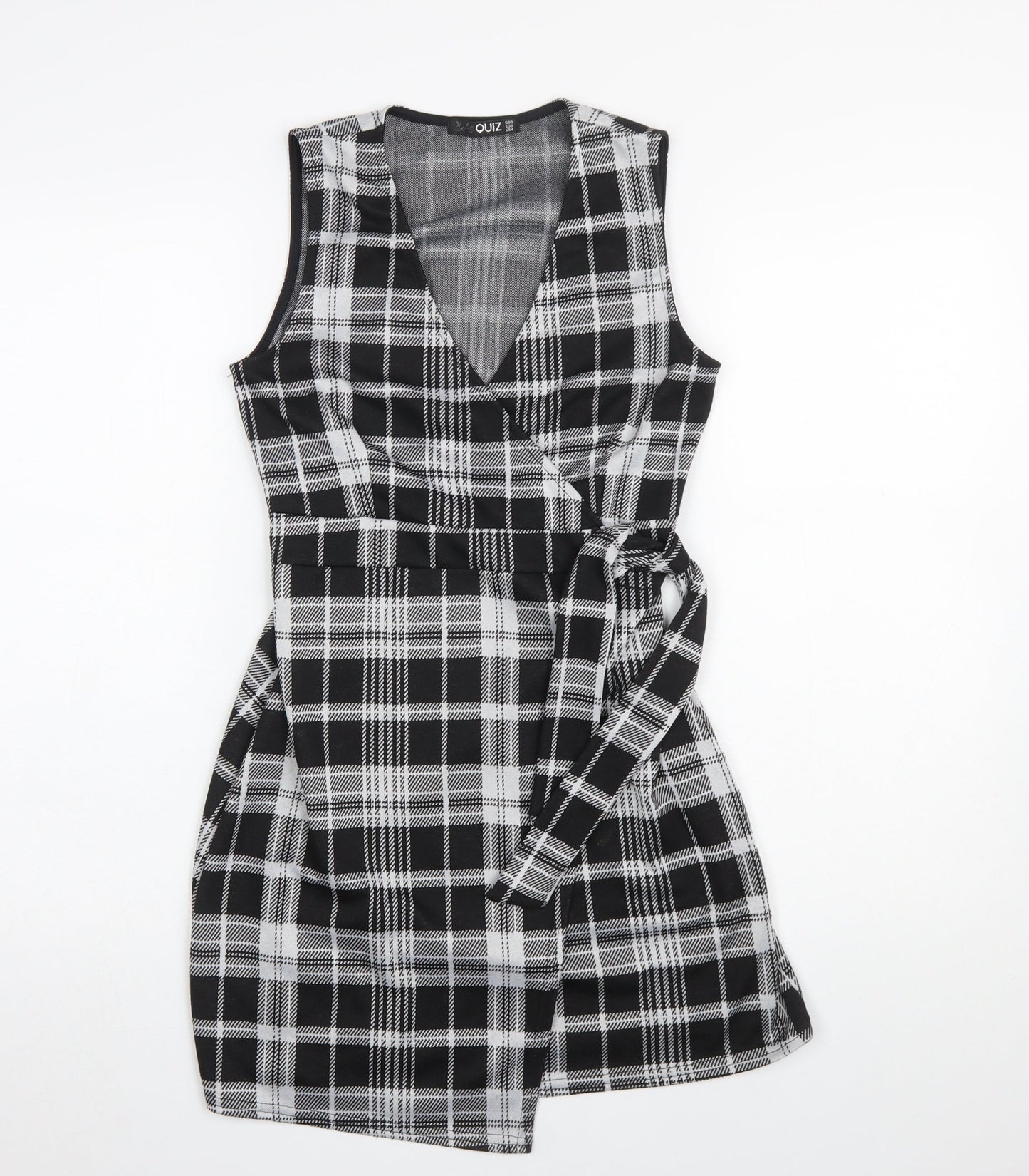 Quiz Women’s Black Check Wrap Dress Size 8 Sleeveless V-Neck Belted