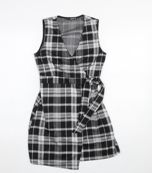 Quiz Women’s Black Check Wrap Dress Size 8 Sleeveless V-Neck Belted