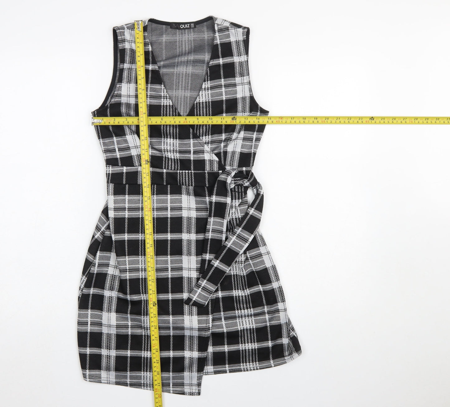 Quiz Women’s Black Check Wrap Dress Size 8 Sleeveless V-Neck Belted
