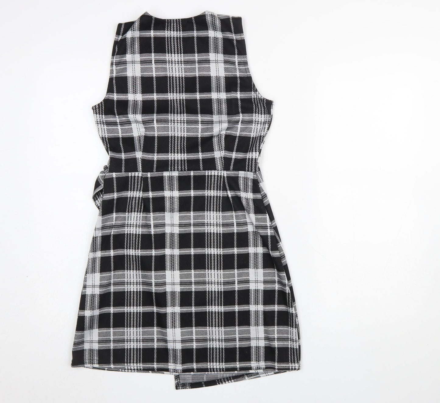 Quiz Women’s Black Check Wrap Dress Size 8 Sleeveless V-Neck Belted