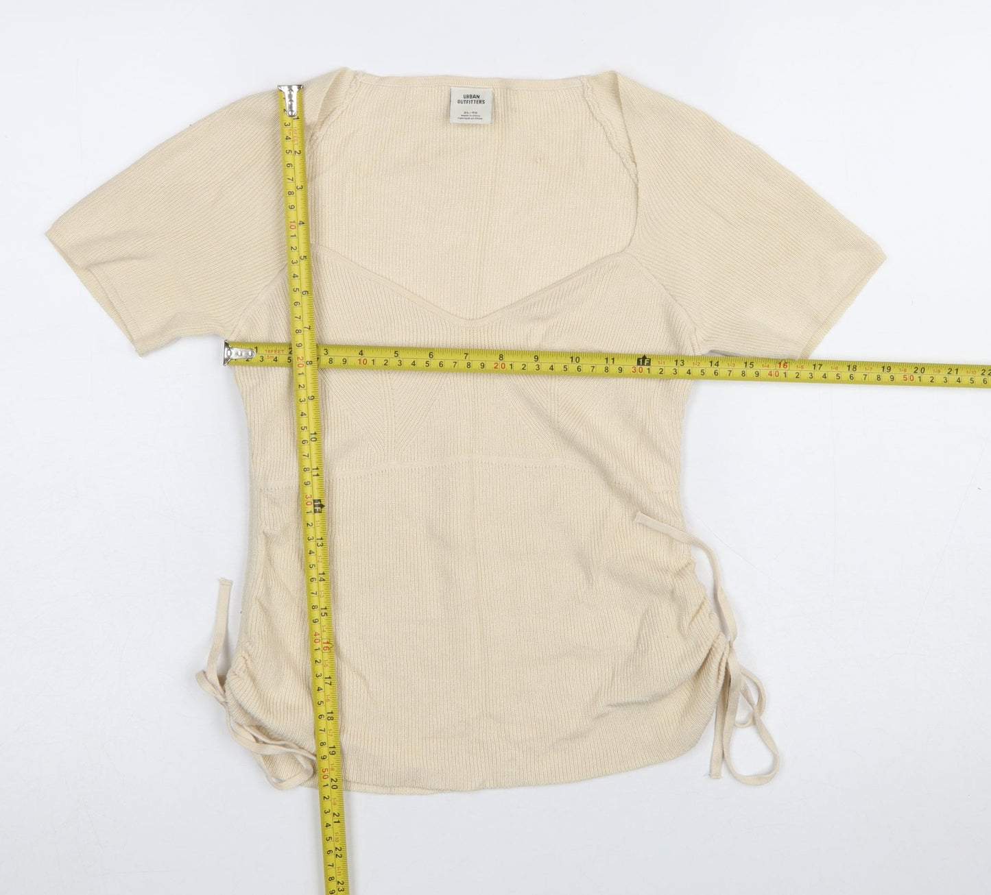 Urban Outfitters Women Beige V-Neck Short Sleeve Knit Jumper XL