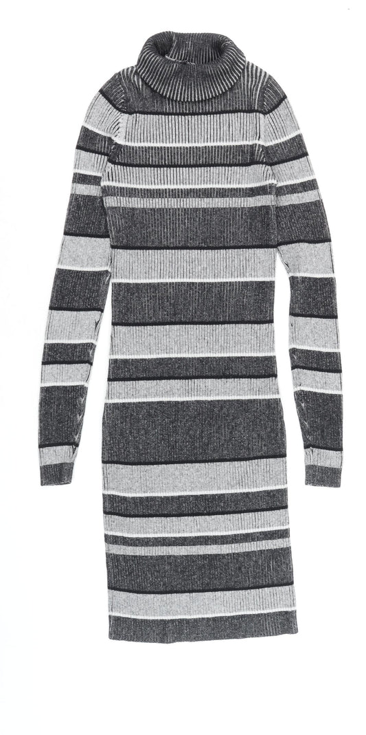 Next Women Grey Striped Roll Neck Knit Bodycon Dress Size 6