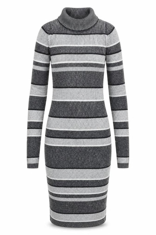 Next Women Grey Striped Roll Neck Knit Bodycon Dress Size 6