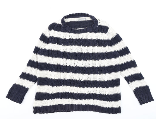 Marks and Spencer Women Blue White Striped Cotton Crew Neck Jumper M