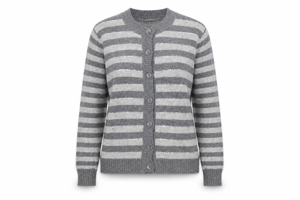 EWM Women Grey Striped Wool Angora Sequin Cardigan Size 14