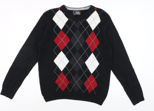XG Men's Black Argyle V-Neck Cotton Blend Jumper Size L
