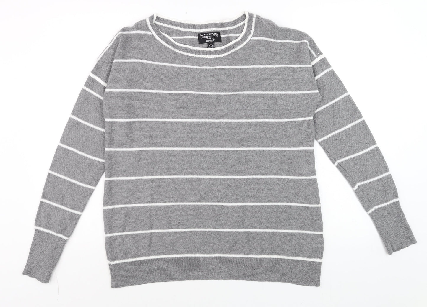 Banana Republic Men's Grey Striped Wool Cashmere Crew Neck Jumper L