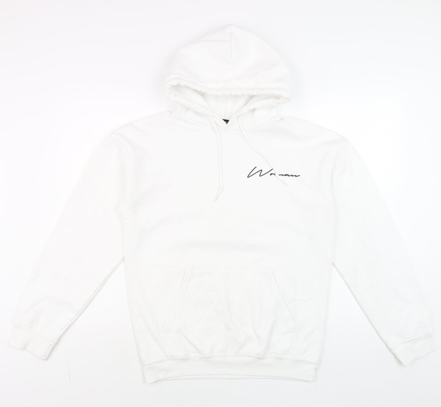 boohoo Men White Small Pullover Hoodie Logo Graphic Cotton Blend