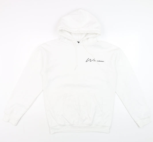 boohoo Men White Small Pullover Hoodie Logo Graphic Cotton Blend