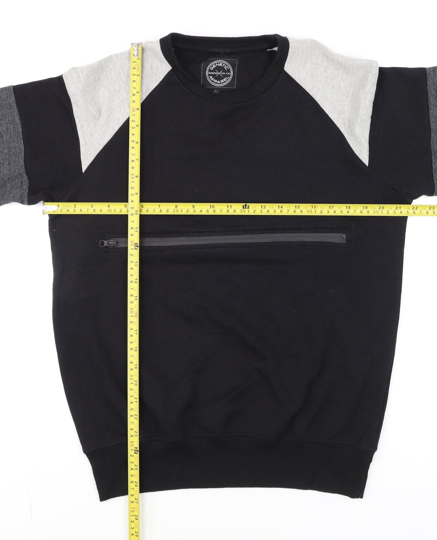 Genetic Apparel Men's Black Pullover Sweatshirt L Crew Neck Zip Pocket