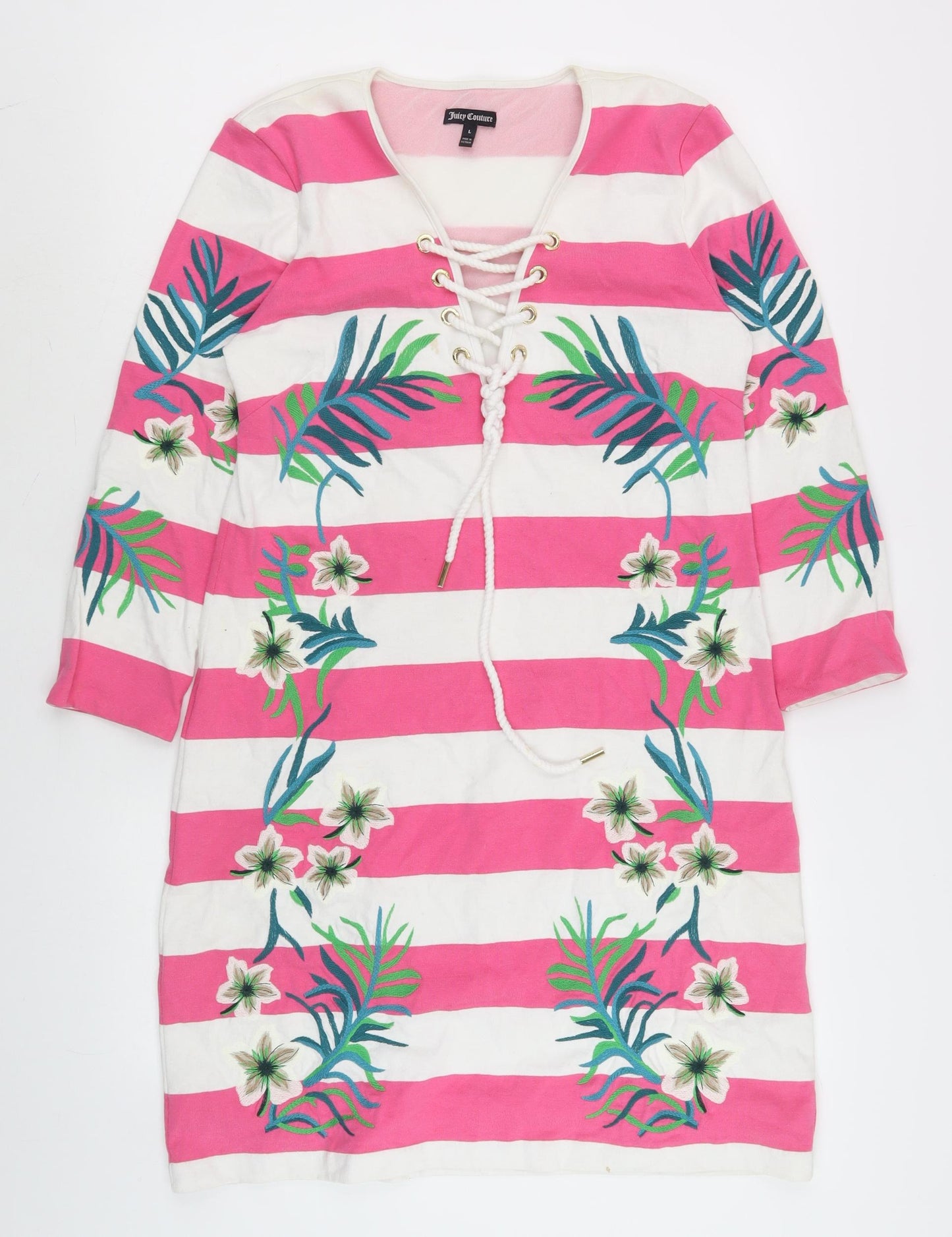 Juicy Couture Womens Pink Striped Embroidered Shift Dress Size 14