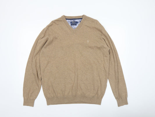 Benetti Men's Beige Cotton V-Neck Jumper L Classic Knitwear