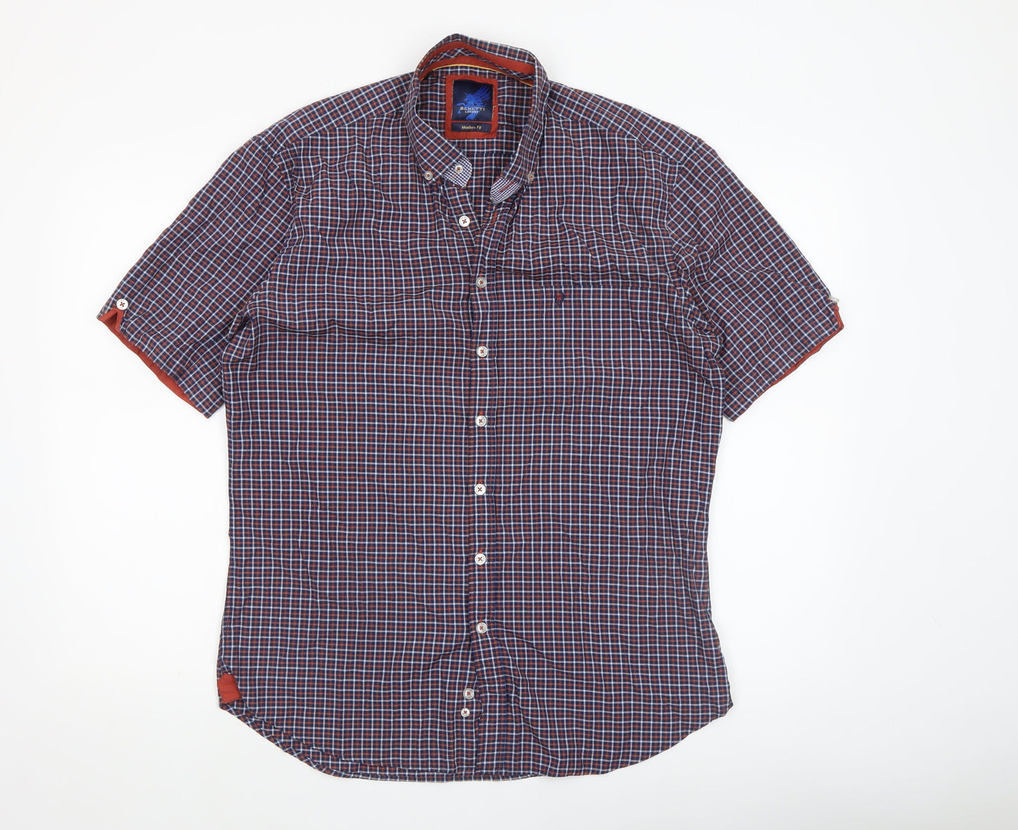 Benetti Men's Blue Checked Short Sleeve Button-Up Shirt L Slim Fit