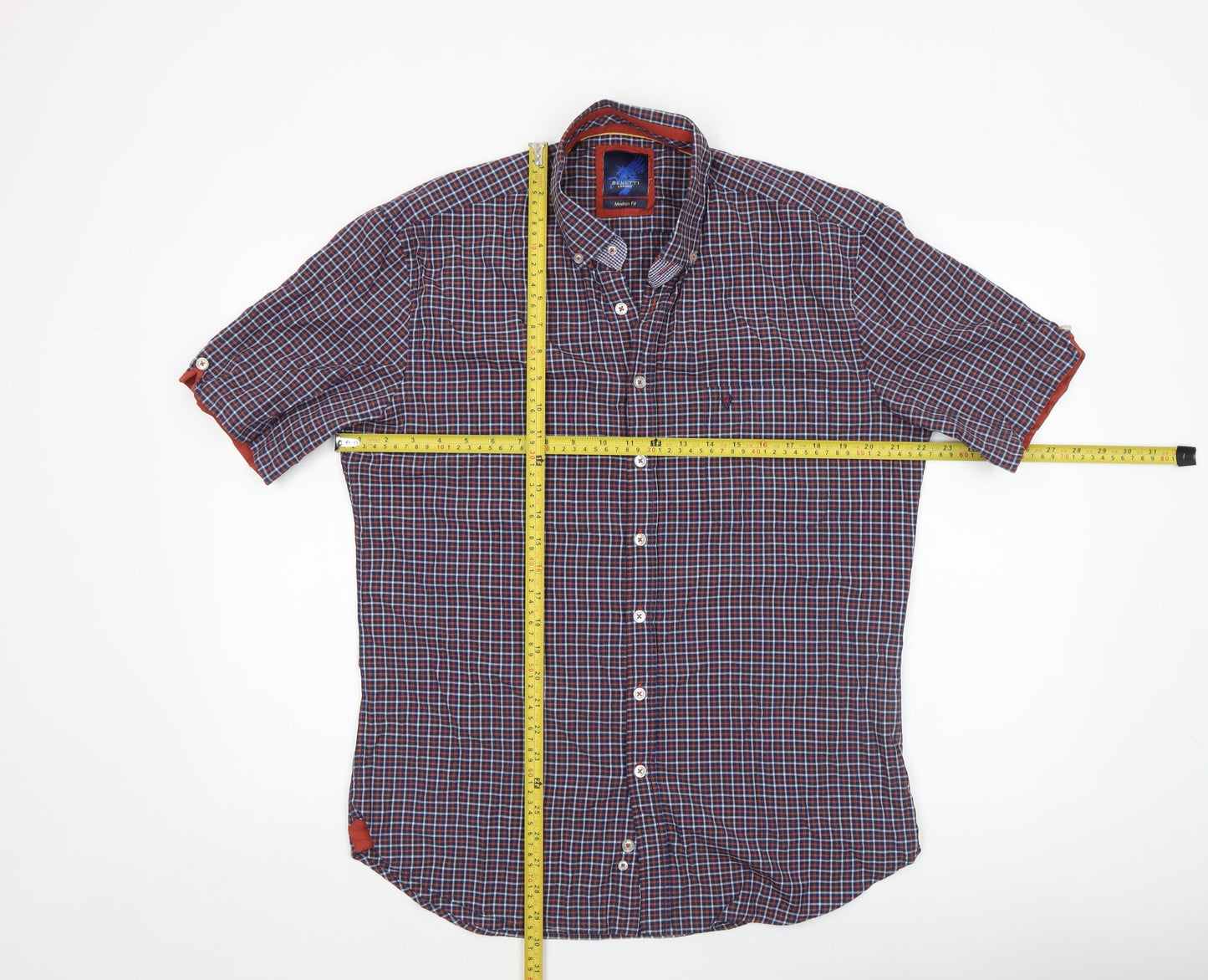 Benetti Men's Blue Checked Short Sleeve Button-Up Shirt L Slim Fit