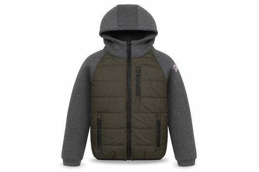 Front view of Invicta boys’ grey & green hooded puffer jacket 10 years polyester