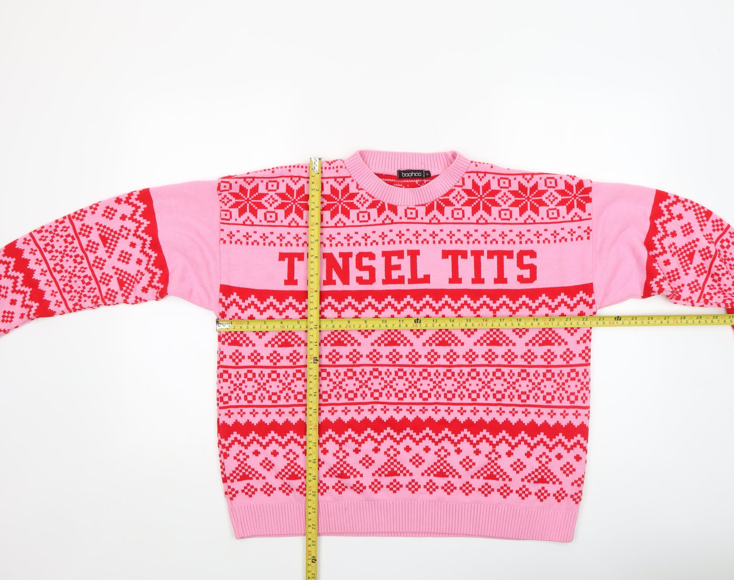 Boohoo Women Pink Red Fair Isle Ugly Christmas Jumper Size L