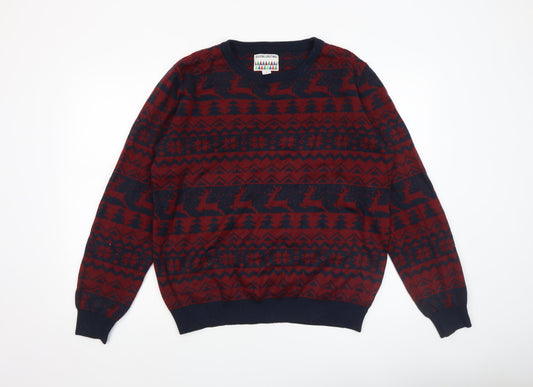 Seasons Greetings Men's Red Navy Fair Isle Christmas Jumper L