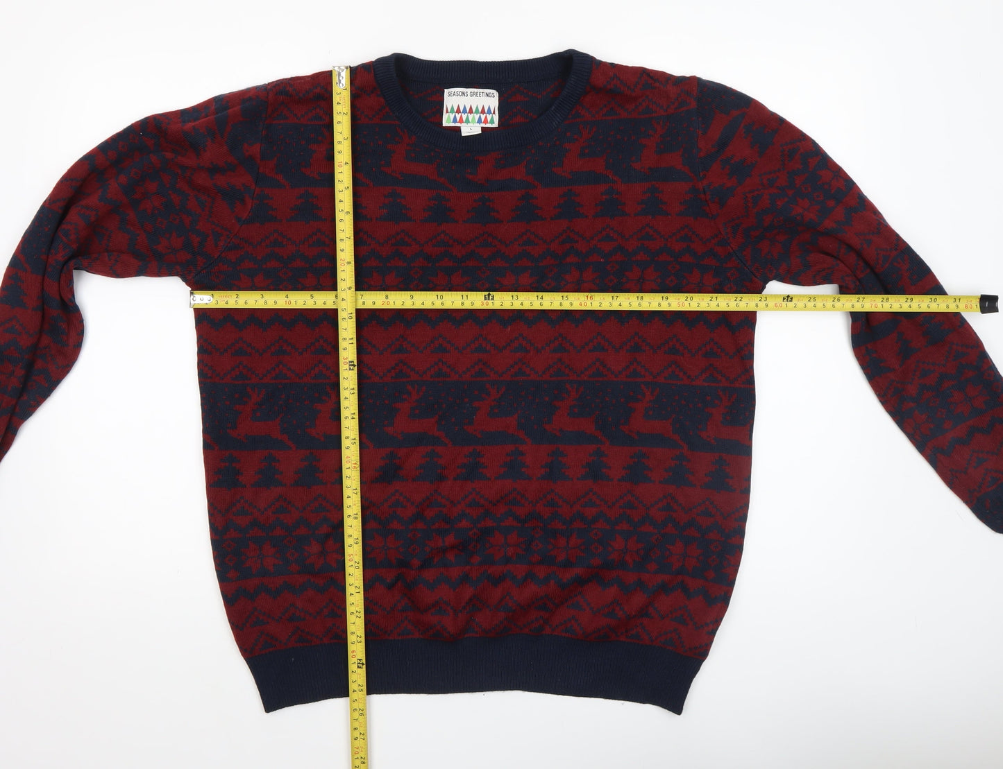 Seasons Greetings Men's Red Navy Fair Isle Christmas Jumper L