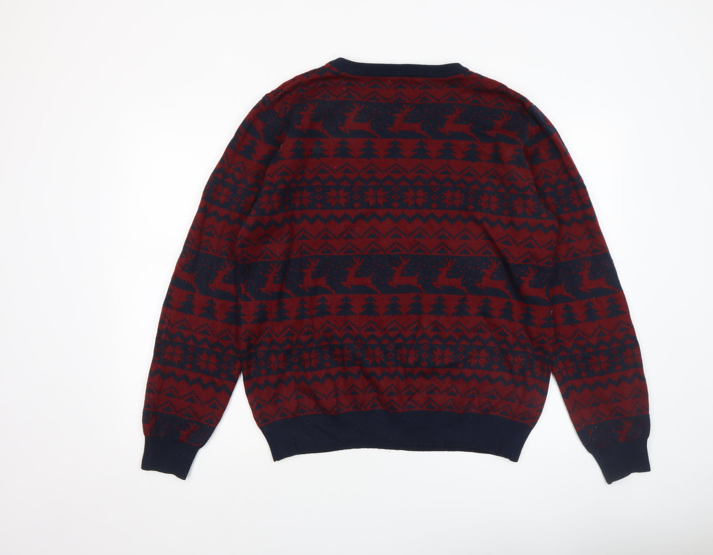 Seasons Greetings Men's Red Navy Fair Isle Christmas Jumper L
