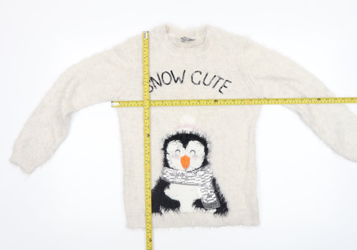 Fluid Girls Ivory Penguin Christmas Jumper 11-12 Years Pullover Knit