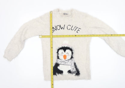 Fluid Girls Ivory Penguin Christmas Jumper 11-12 Years Pullover Knit