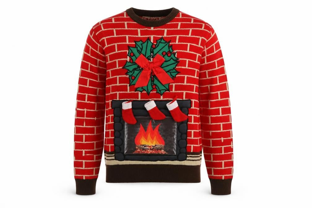 Cheesy Christmas Jumpers Men Red M Fireplace Funny Xmas Pullover Sweater