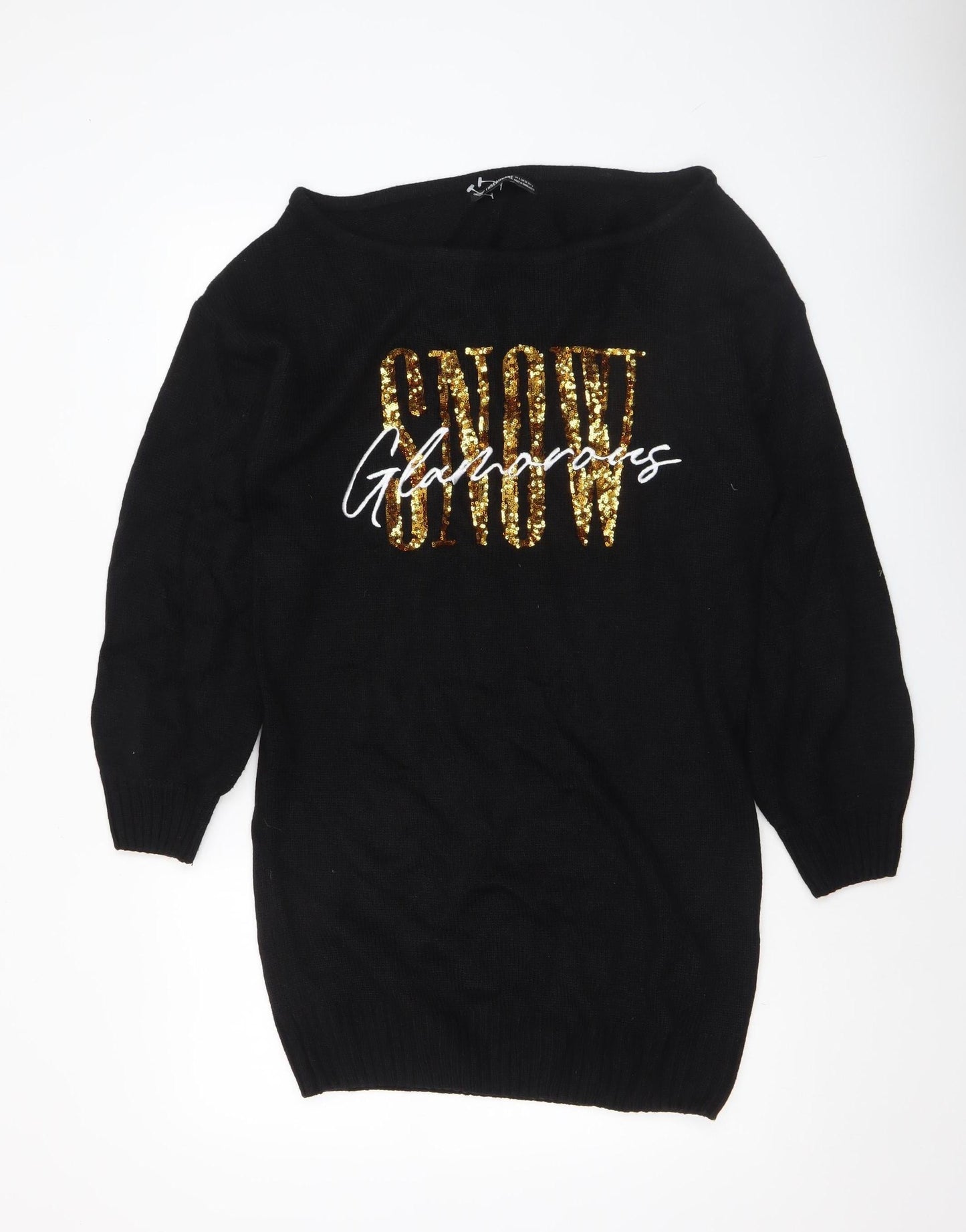 Threadbare Women's Black Sequin SNOW Pullover Jumper Size 8