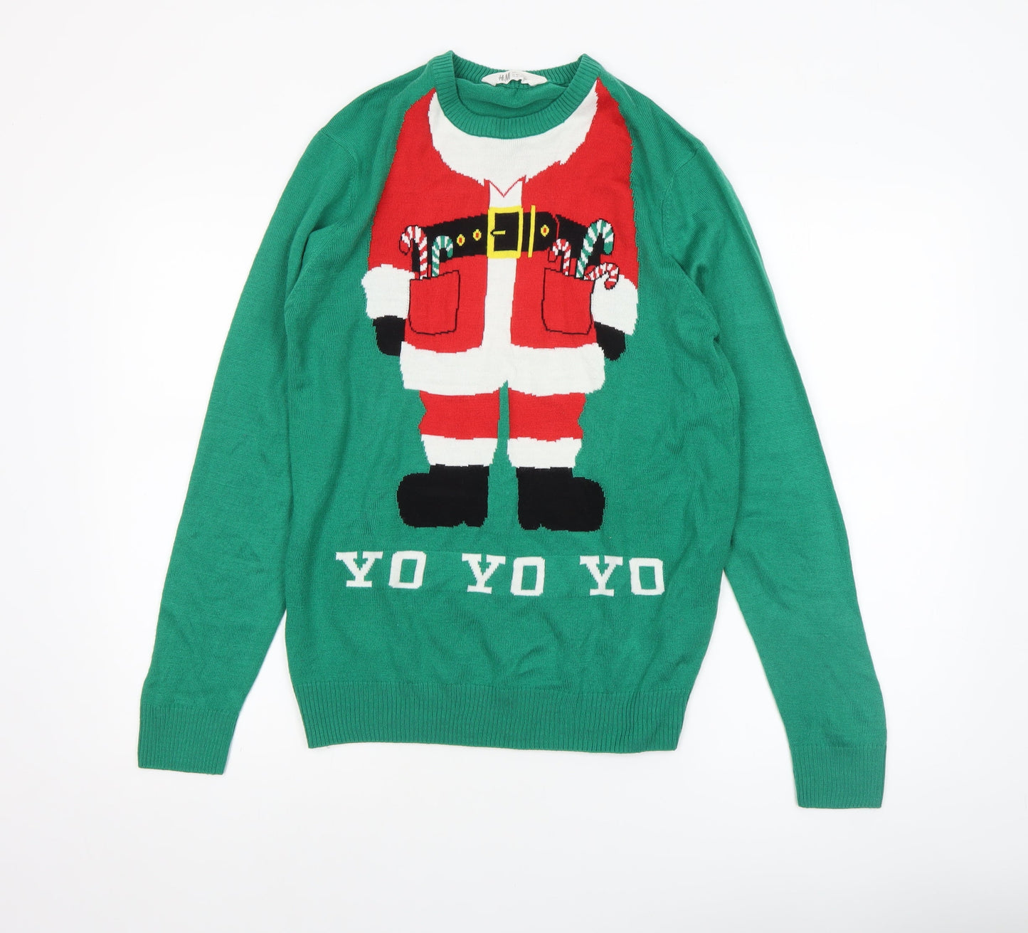 H&M Boys Green Christmas Santa Jumper Size 16 Years Acrylic Crew Neck
