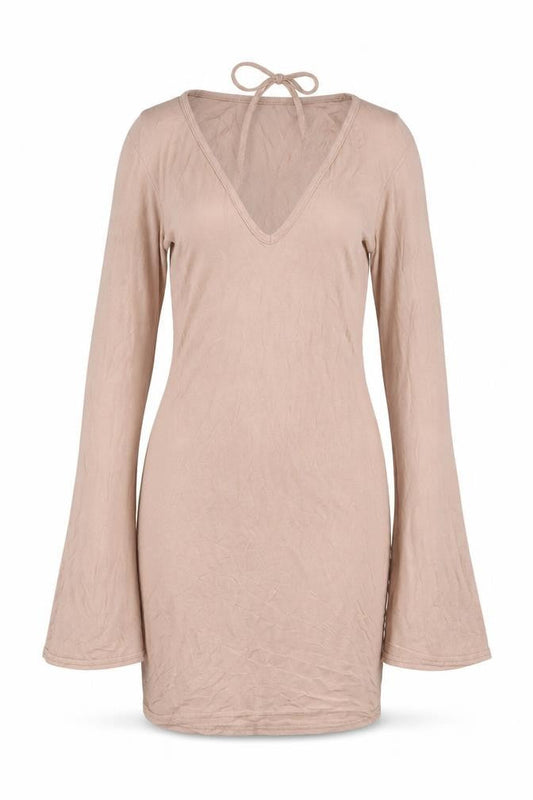 Front view of Missguided Women Beige Long Sleeve V-Neck Bodycon Dress, size 8