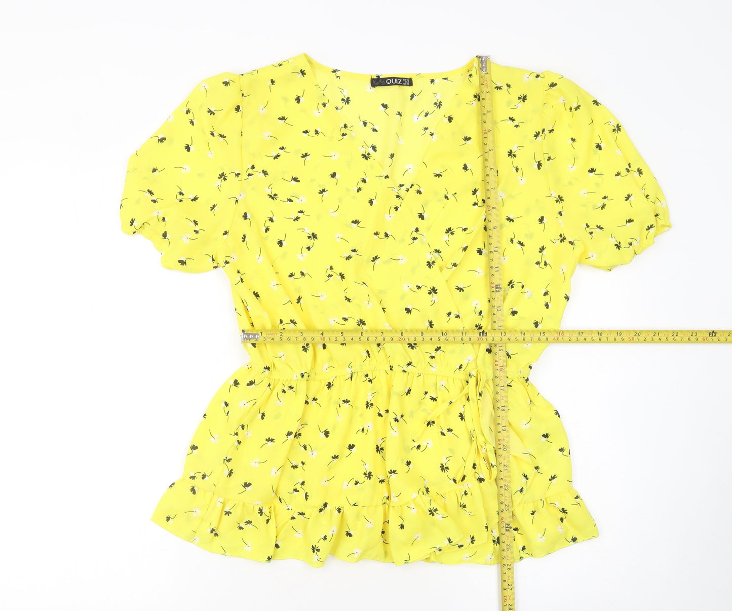 Quiz Women Yellow Floral Short Sleeve Ruffle Tunic Blouse Size 16
