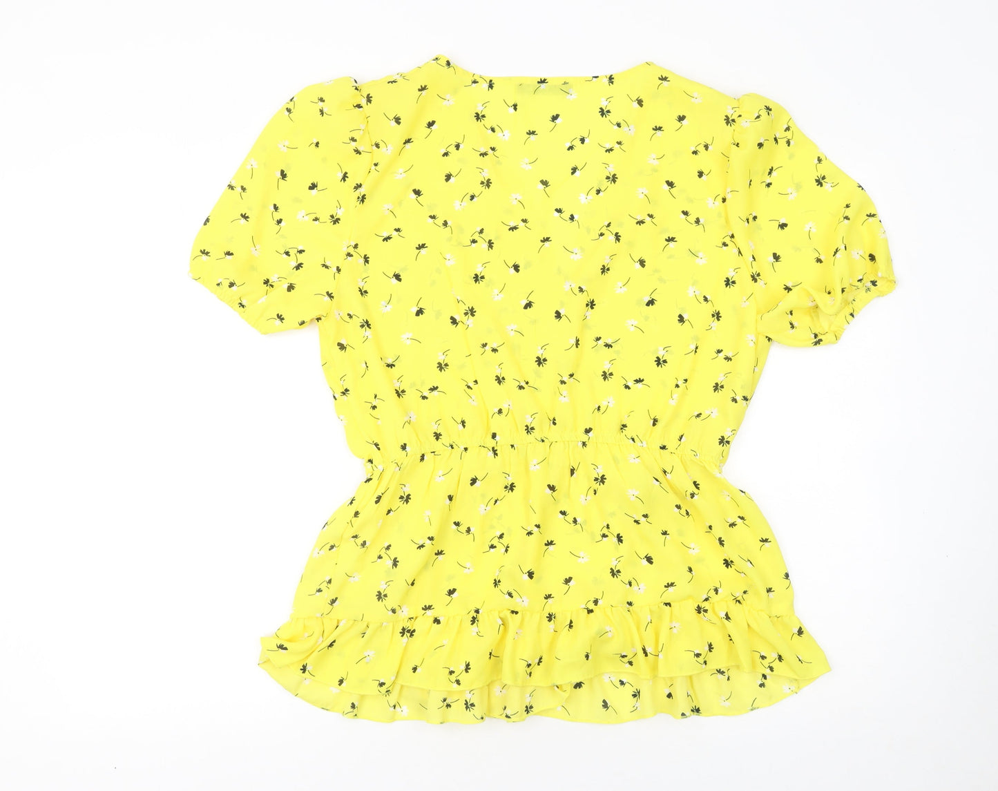Quiz Women Yellow Floral Short Sleeve Ruffle Tunic Blouse Size 16