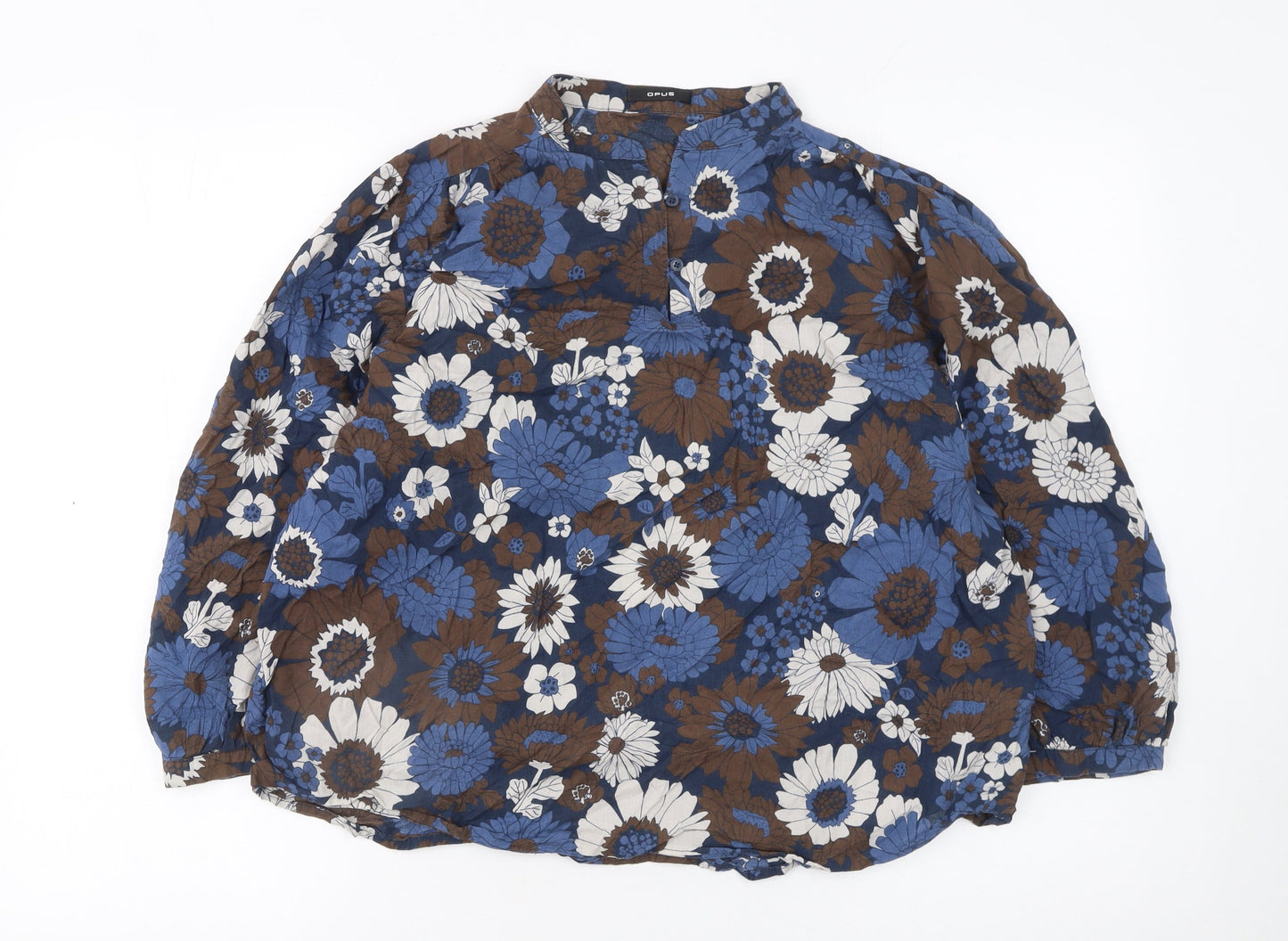 Opus Womens Blue Floral Cotton Long Sleeve Blouse Size 10