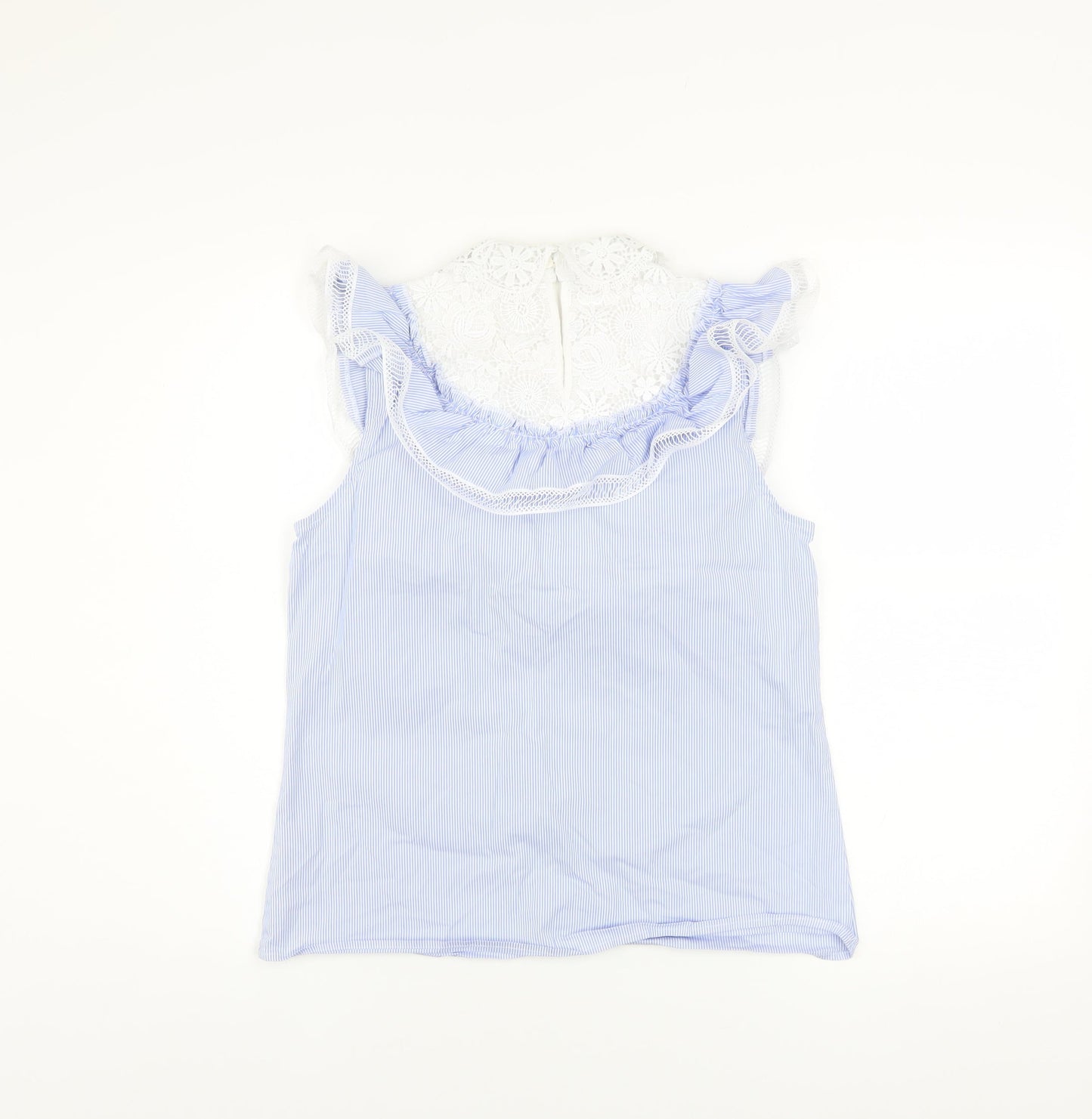 Savida Women’s Blue Striped Lace Ruffle Sleeveless Blouse XS