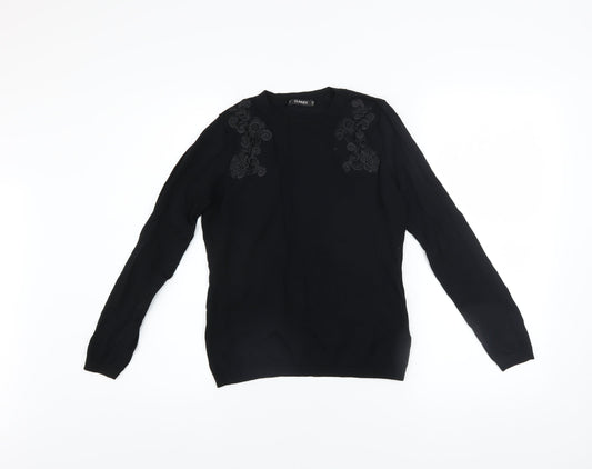 Dunnes Womens Black Embroidered Crew Neck Long Sleeve Jumper Size 8