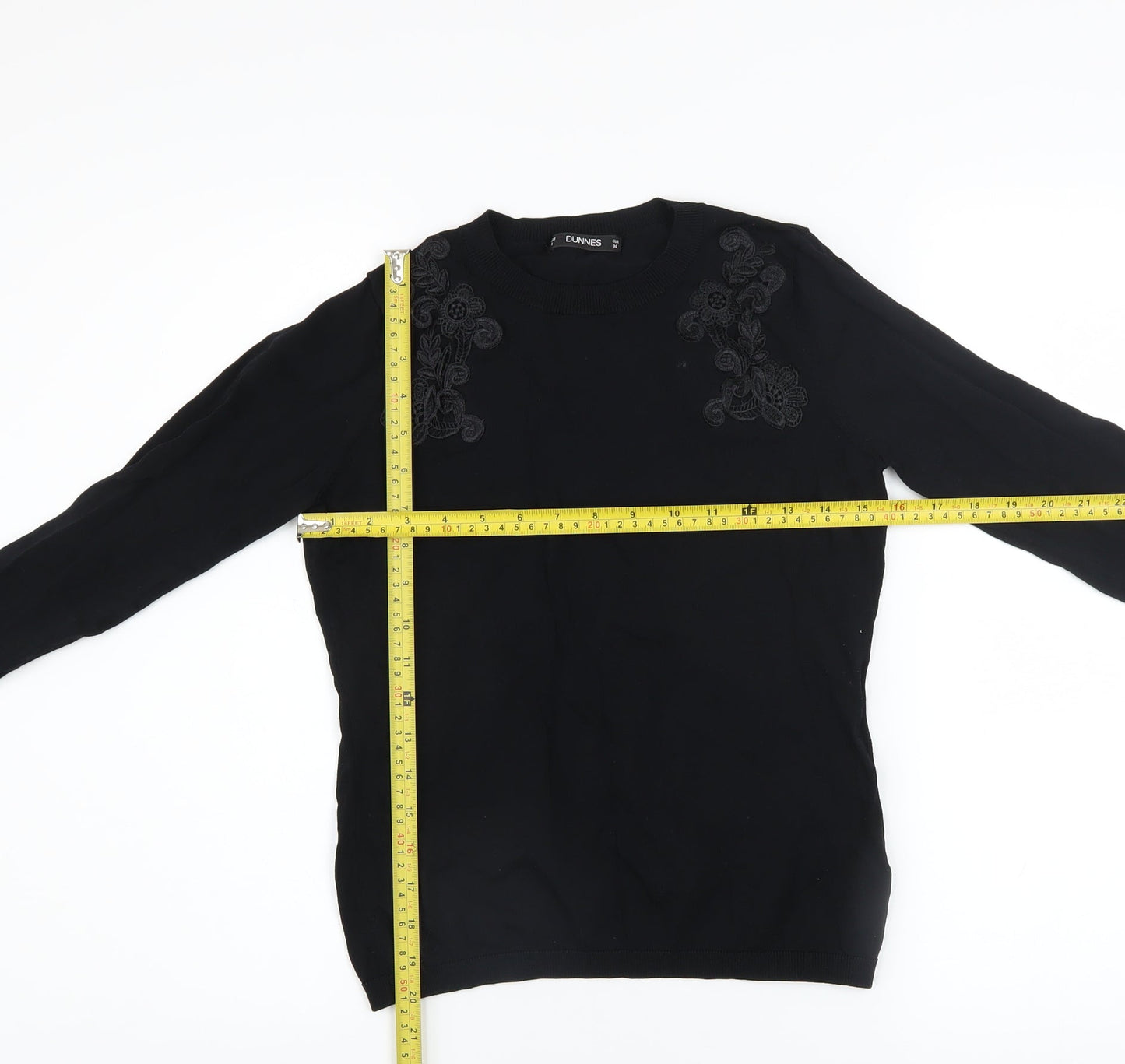 Dunnes Womens Black Embroidered Crew Neck Long Sleeve Jumper Size 8