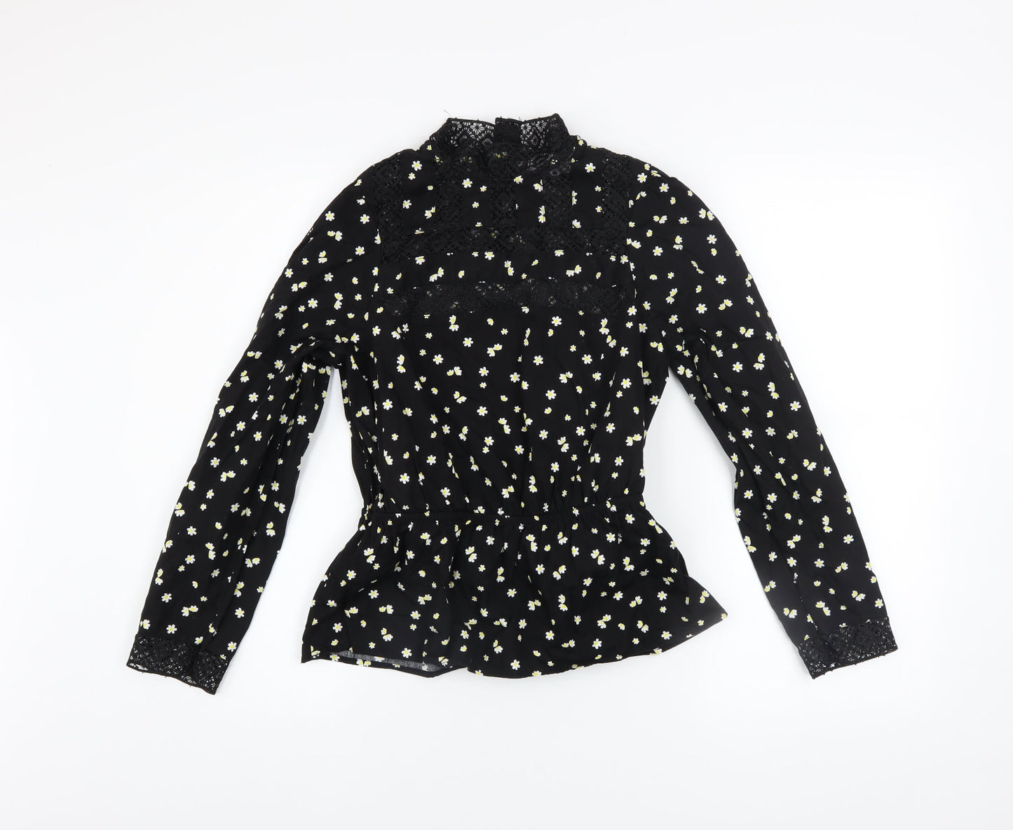 Savida Women's Black Floral Lace High Neck Long Sleeve Blouse XS