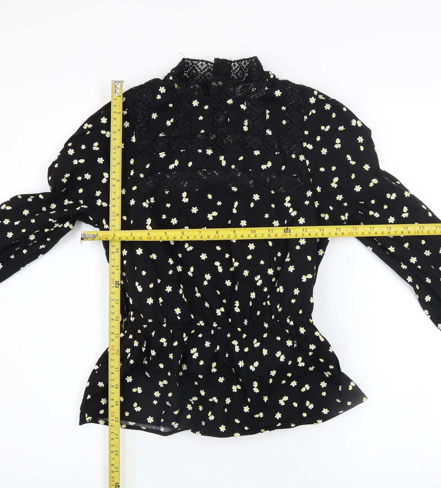 Savida Women's Black Floral Lace High Neck Long Sleeve Blouse XS