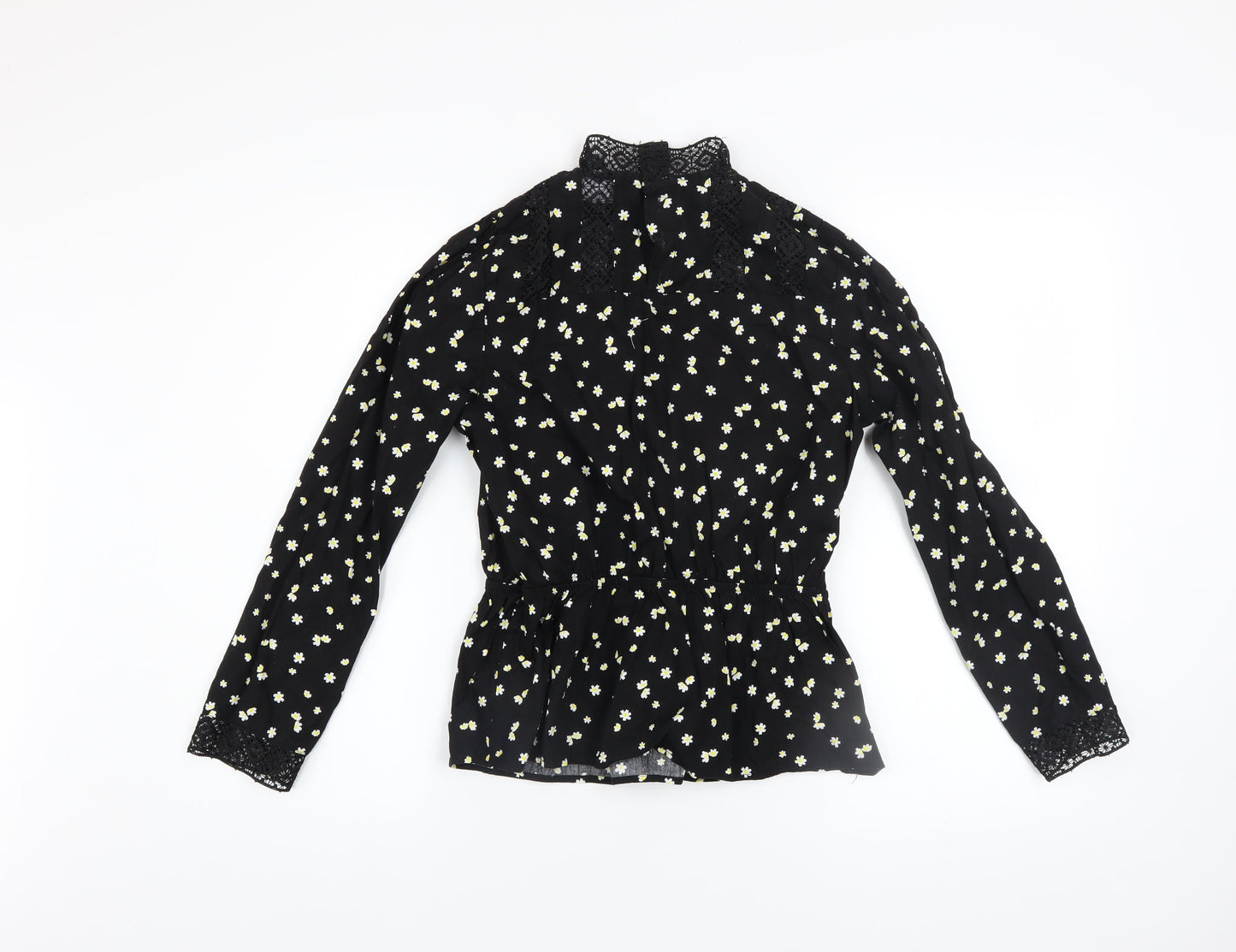 Savida Women's Black Floral Lace High Neck Long Sleeve Blouse XS
