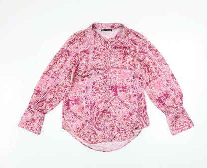 Zara Women Pink Multicoloured Button-Up Blouse XS Long Sleeve Polyester