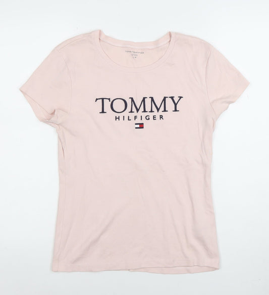 Tommy Hilfiger Women Pink Cotton Logo T-Shirt Size L Short Sleeve