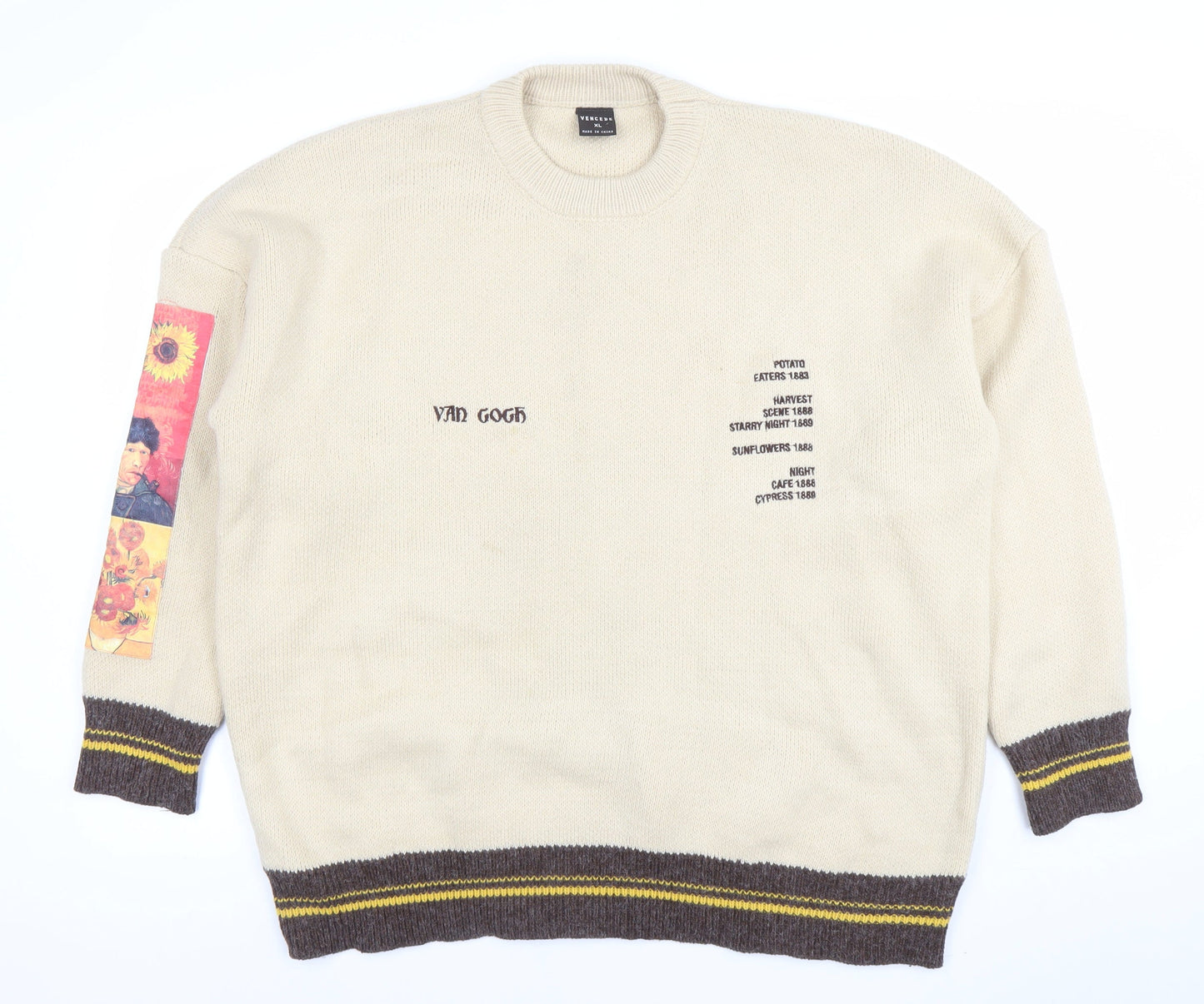 Vencede Men Beige XL Van Gogh Art Knit Jumper Crew Neck Long Sleeve