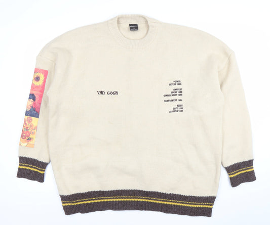 Vencede Men Beige XL Van Gogh Art Knit Jumper Crew Neck Long Sleeve