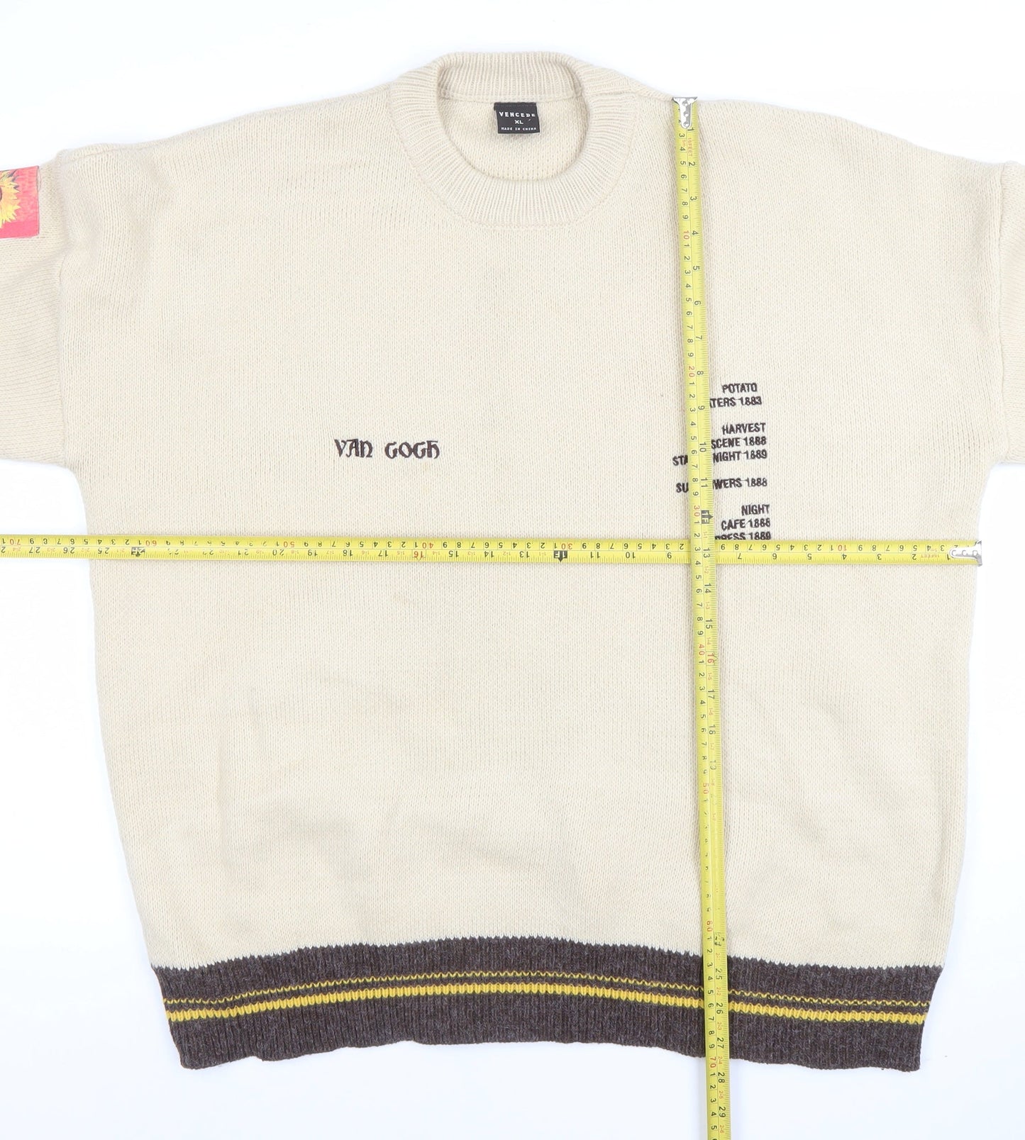 Vencede Men Beige XL Van Gogh Art Knit Jumper Crew Neck Long Sleeve