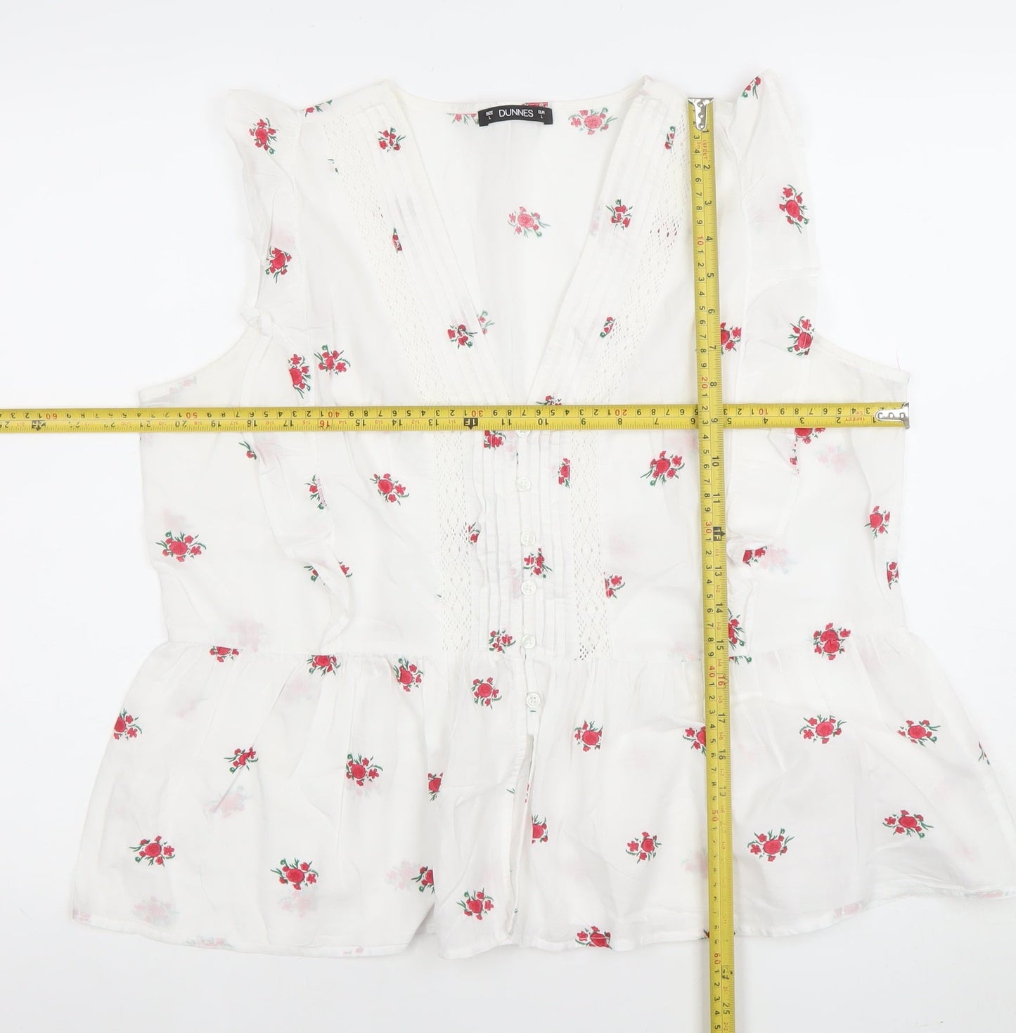 Dunnes Women White Floral Cotton Sleeveless Tunic Blouse Size L