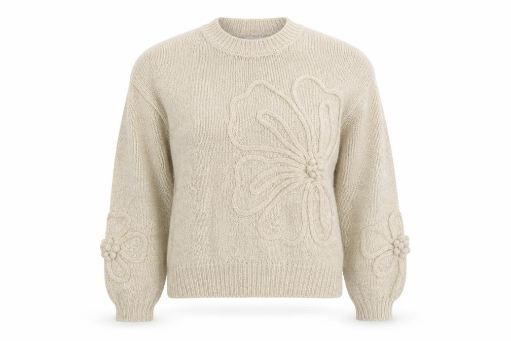 Zino Womens Beige Flower Knit Jumper M Long Sleeve Crew Neck