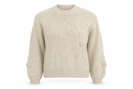 Zino Womens Beige Flower Knit Jumper M Long Sleeve Crew Neck