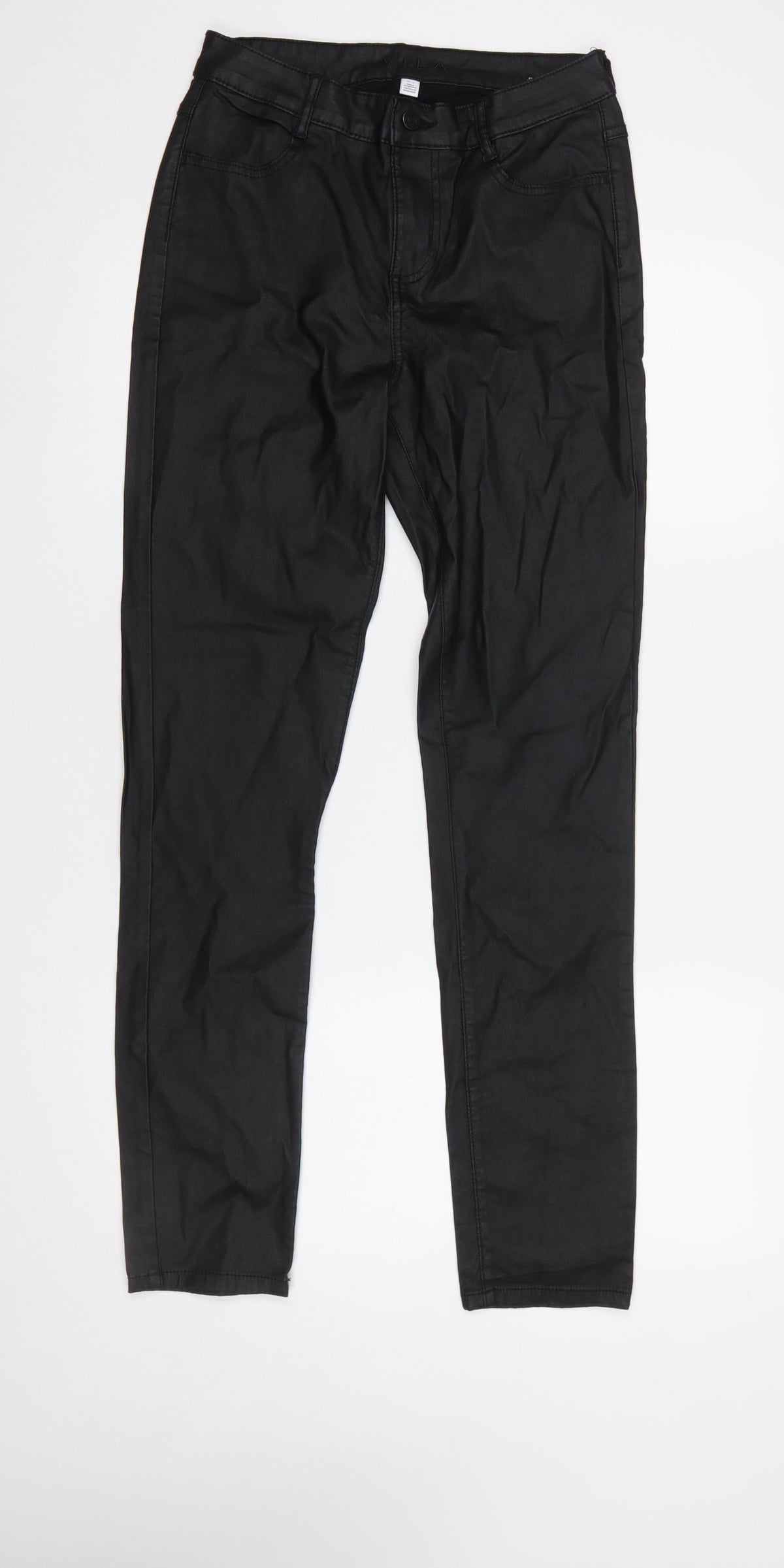 Vila Women Black Coated Slim Fit Viscose Stretch Trousers L
