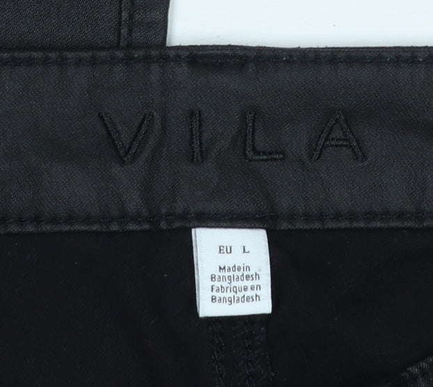 Vila Women Black Coated Slim Fit Viscose Stretch Trousers L